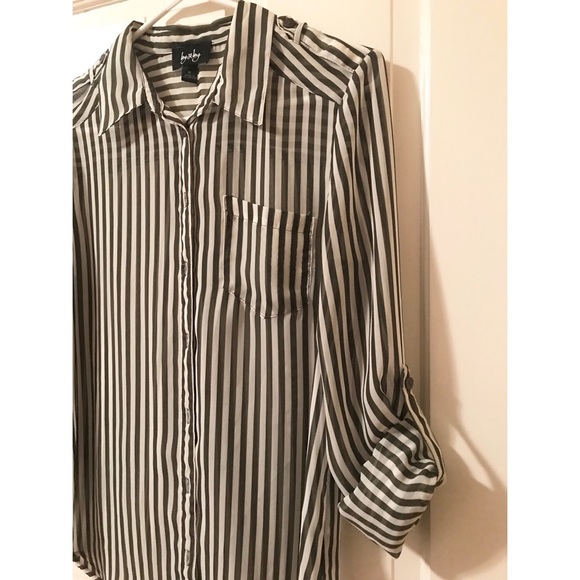 Sheer, Dark Green Striped Button Down Shirt, M - Picture 8 of 8